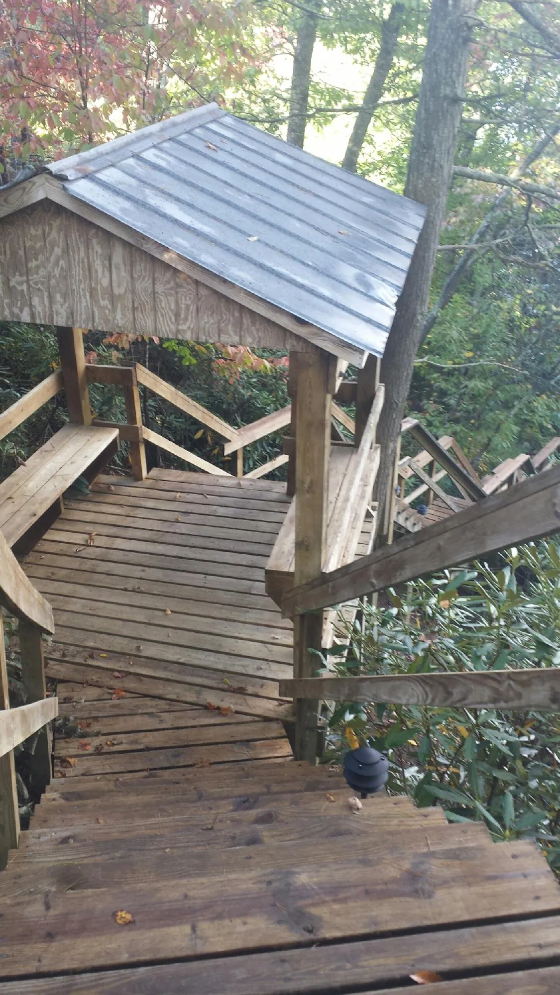 Metal roofed shelter over wooden steps on a wooded walkway — Skylight Repair & Installation work by our crew in Riddle